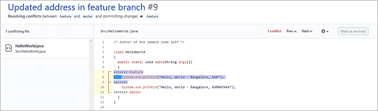 Mark as resolved and Commit merge.