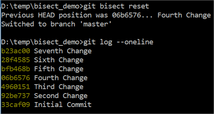 Run ‘git bisect reset’ to end the process.