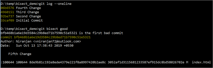 Run ‘git log --oneline’ and ‘git bisect good’