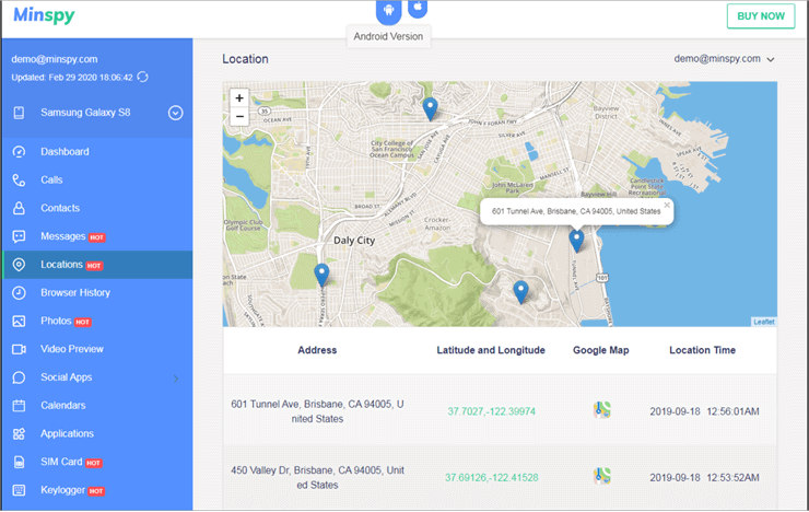 Painel de localização do Minspy