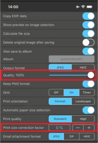Print size correction factor