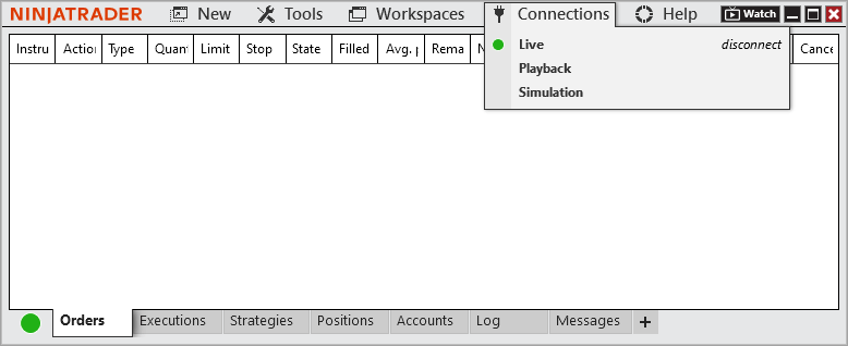 NinjaTrader account dashboard