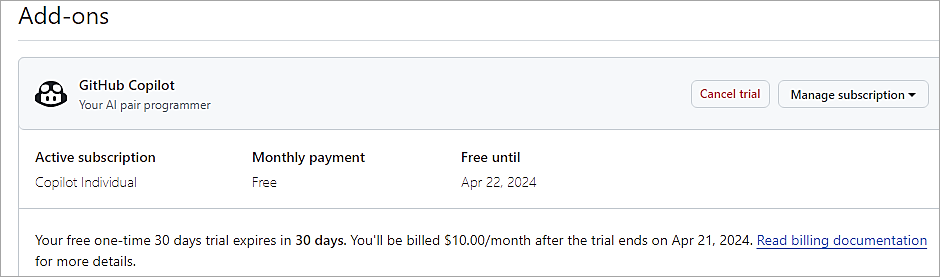 Billing for GitHub Copilot and Versions