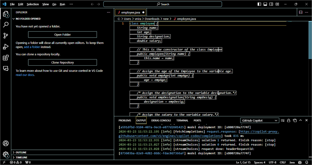 Example 1 GitHub Copilot Usage – Code suggestion