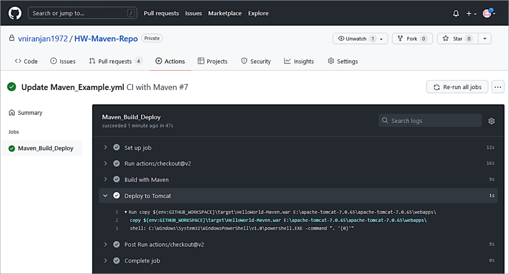 Go to the Actions Tab and click on the job to view the log