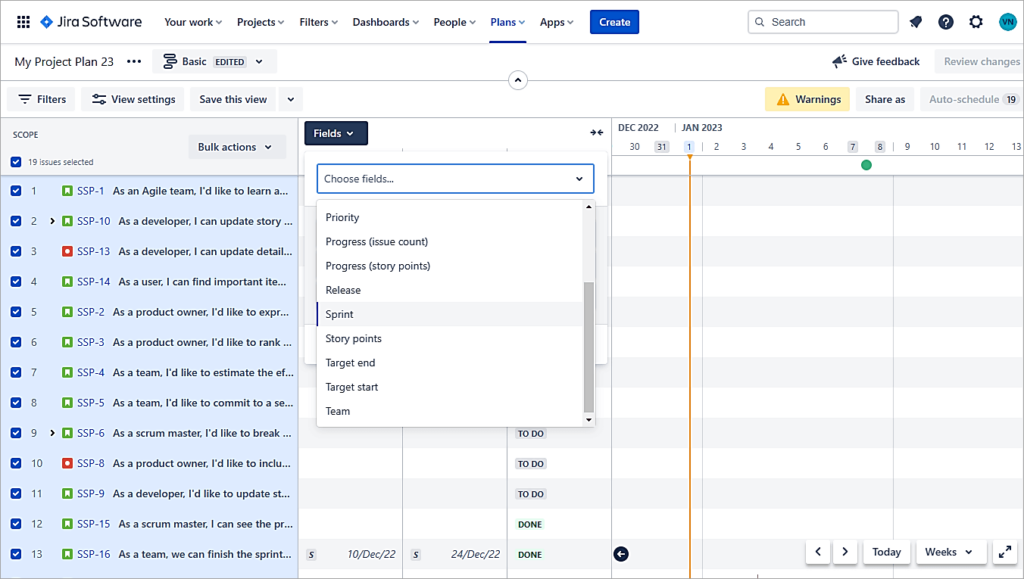click on the Fields drop down