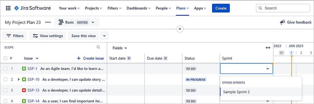 select a sprint for the first Story issue