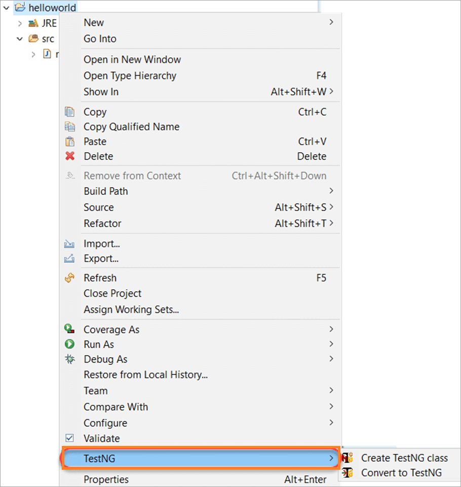 TestNG is listed on the menu