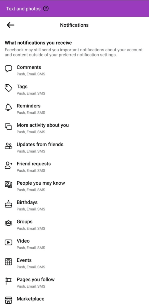 fb notifications app settings