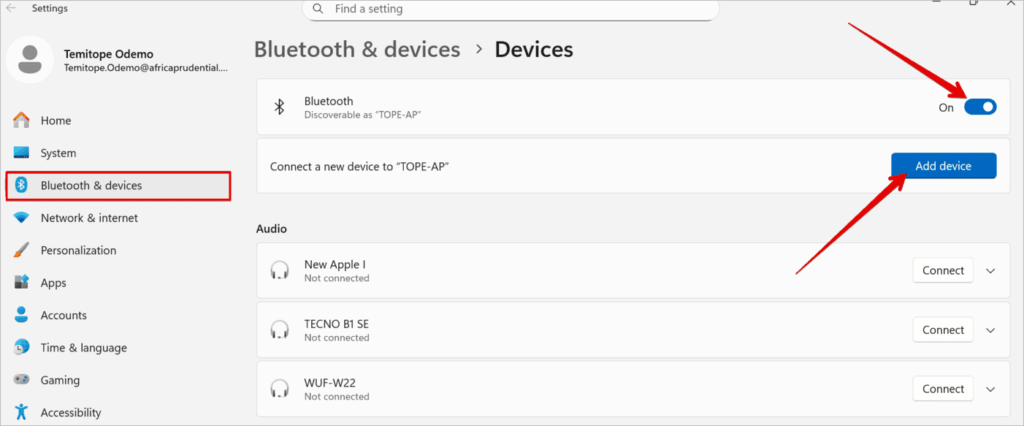 Toggle Bluetooth ON