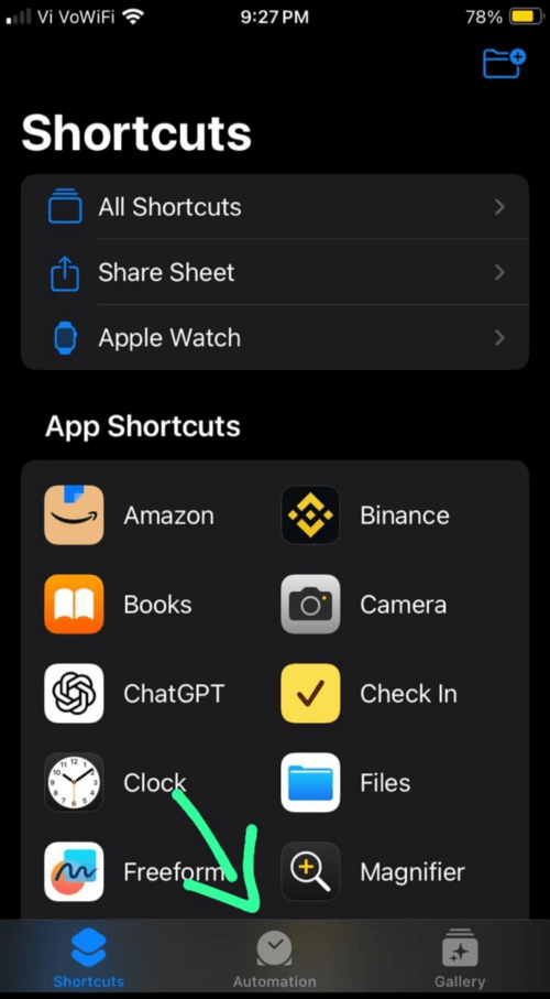 Automations option shortcuts app