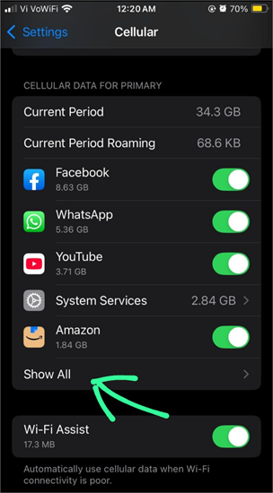 Cellular Data Show all apps