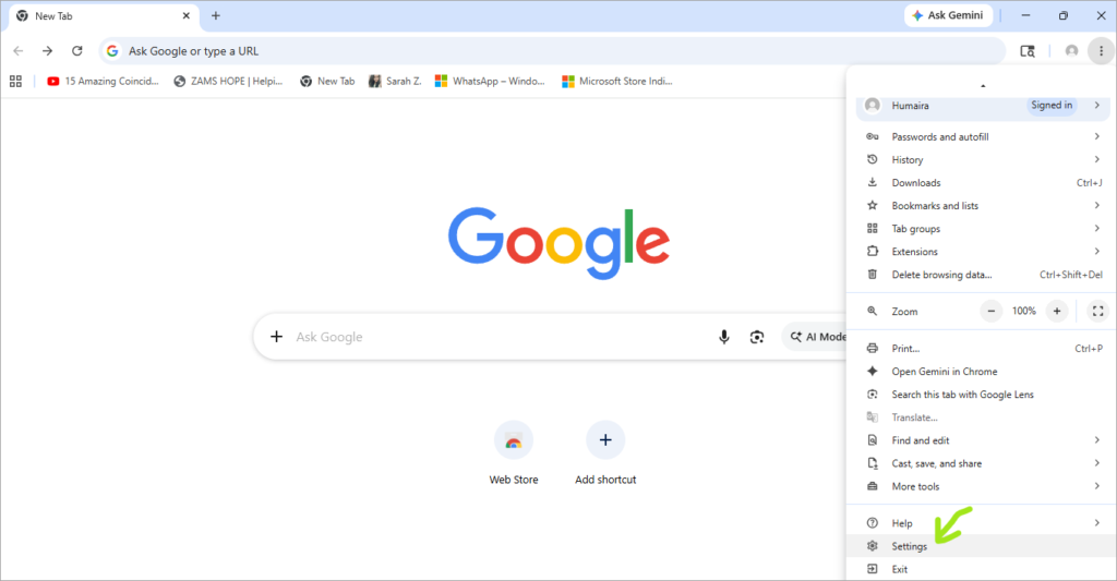 Chrome settings