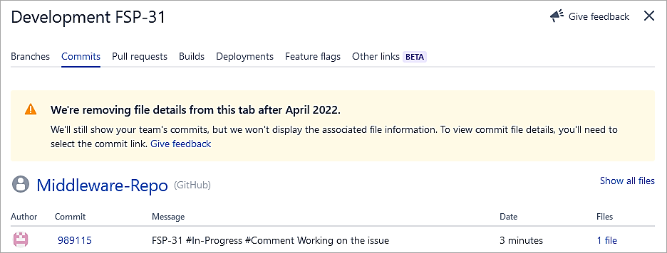 Click on Commits below Development