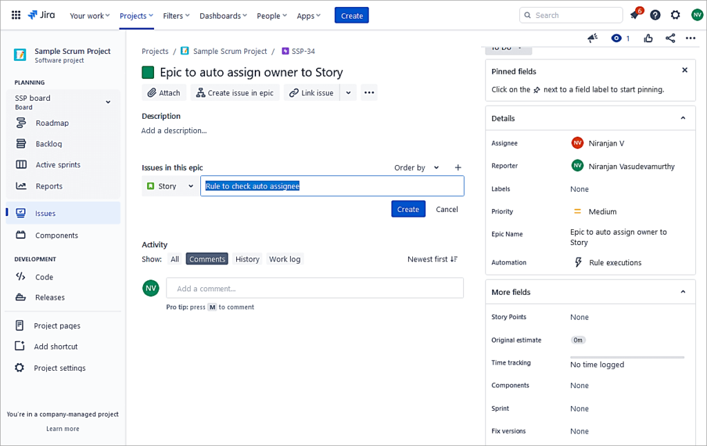 Click on Create a issue in epic