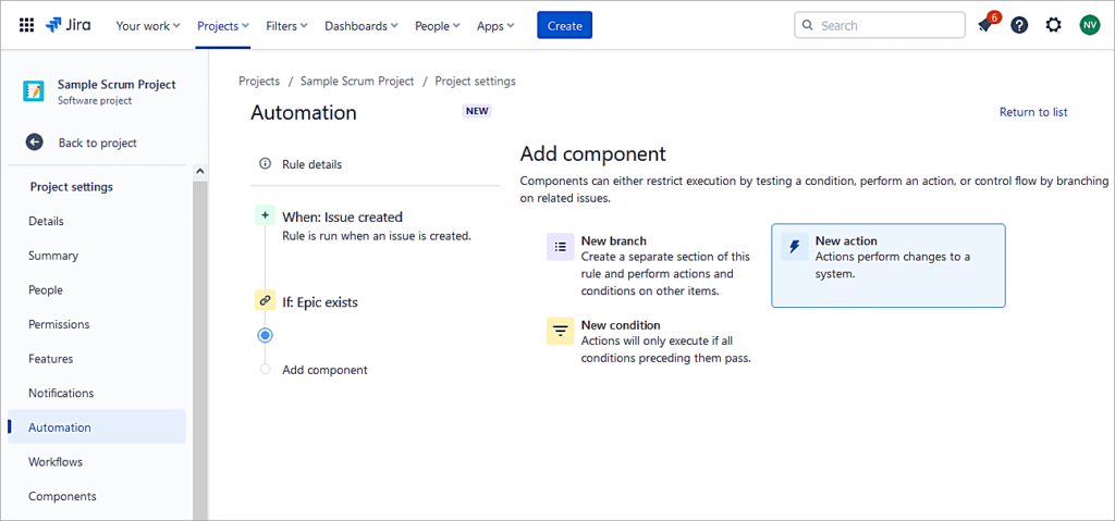 Click on New action ex6