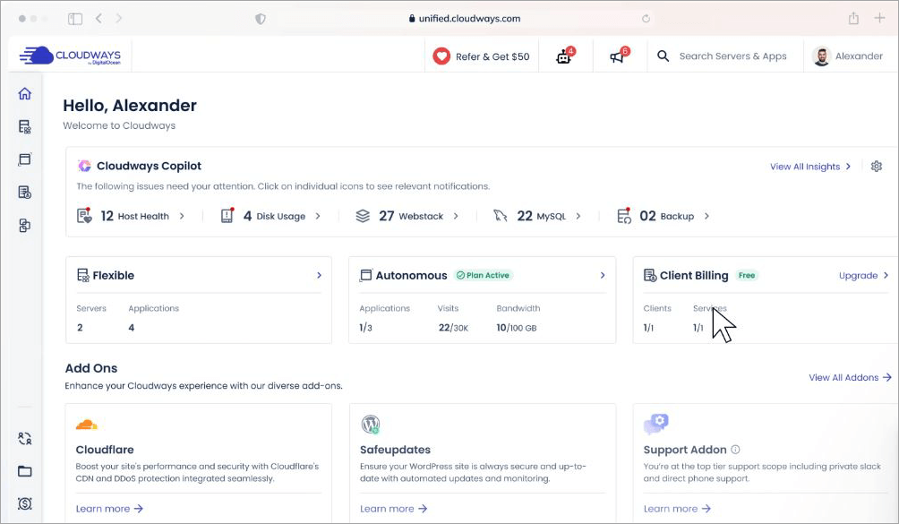 Cloudways Copilot dashboard