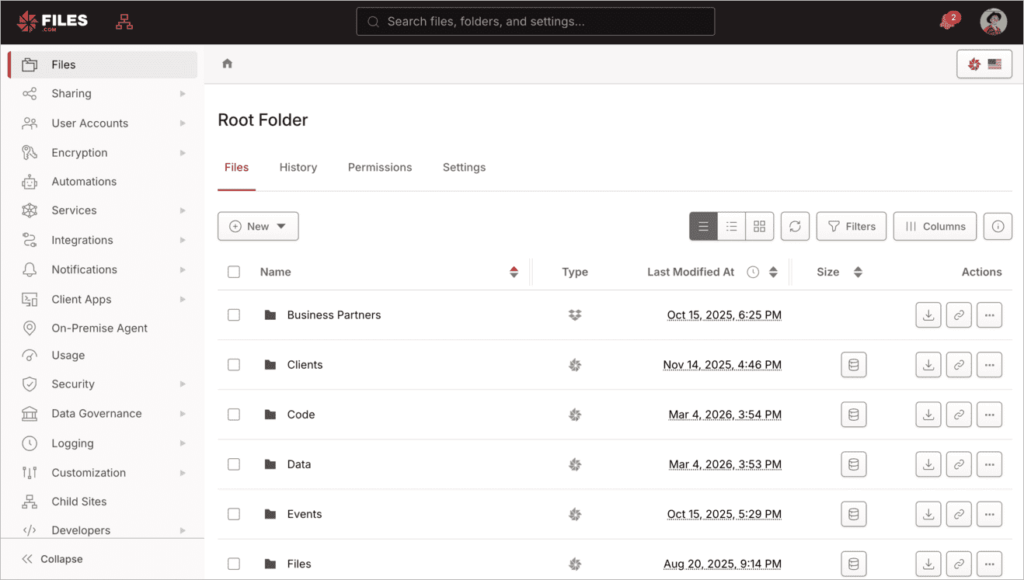 Files.com main dashboard