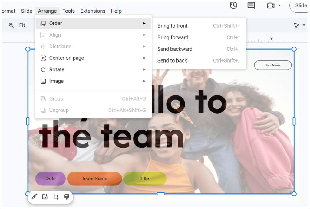 Google slide Send Backward