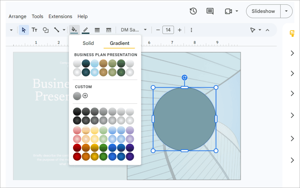 Google slide gradient color pallet