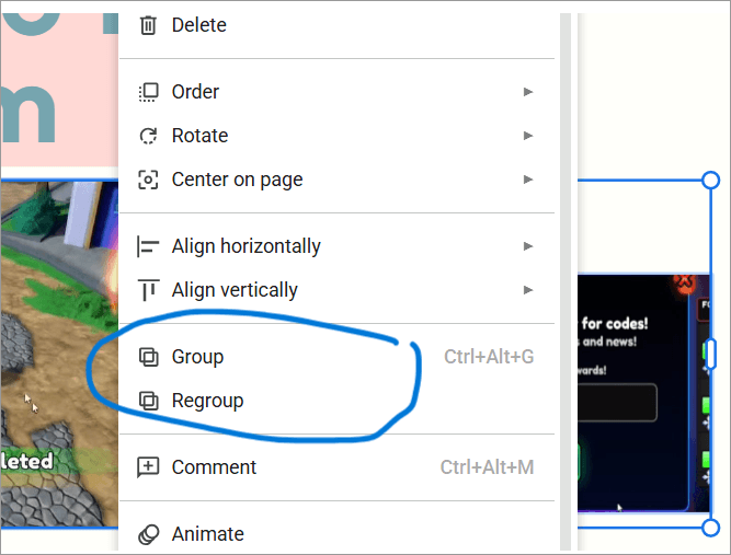 Google slide image group-regroup option