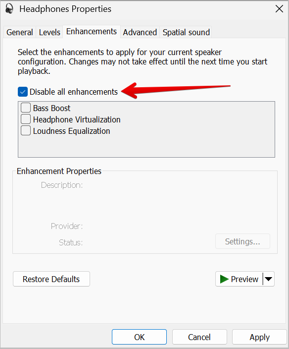 Disable all enhancements