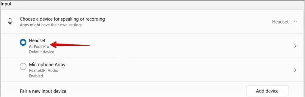 Input section in sound settings