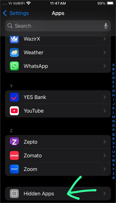 Hidden apps in Settings