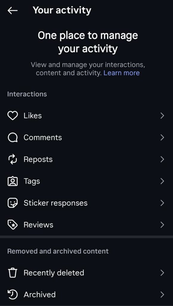 Instagram Recently Deleted folder