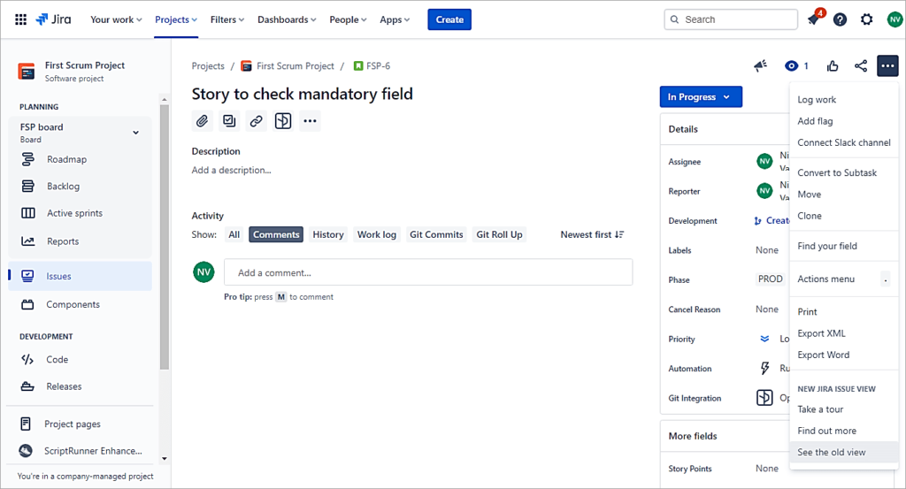 Open an issue in old view