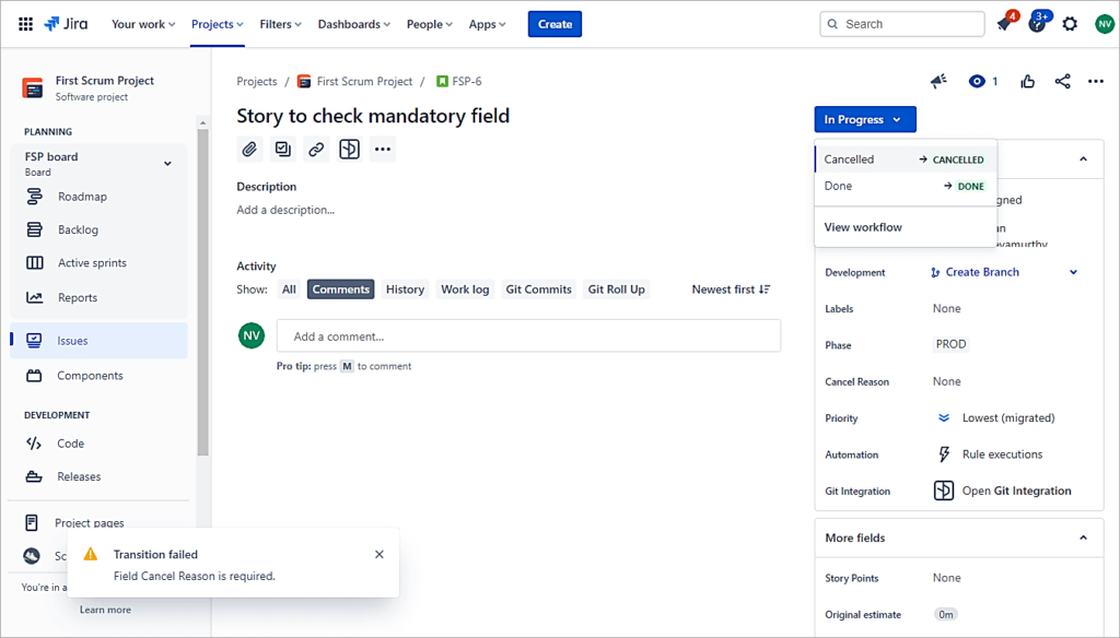 Transition a issue to Done status