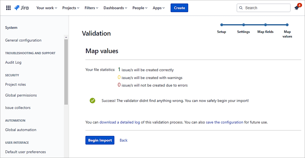 JIRA - Validate-the-settings-and-click-on-Begin-Import