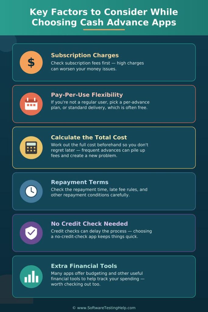 Key factors to consider while choosing cash advance apps infographic