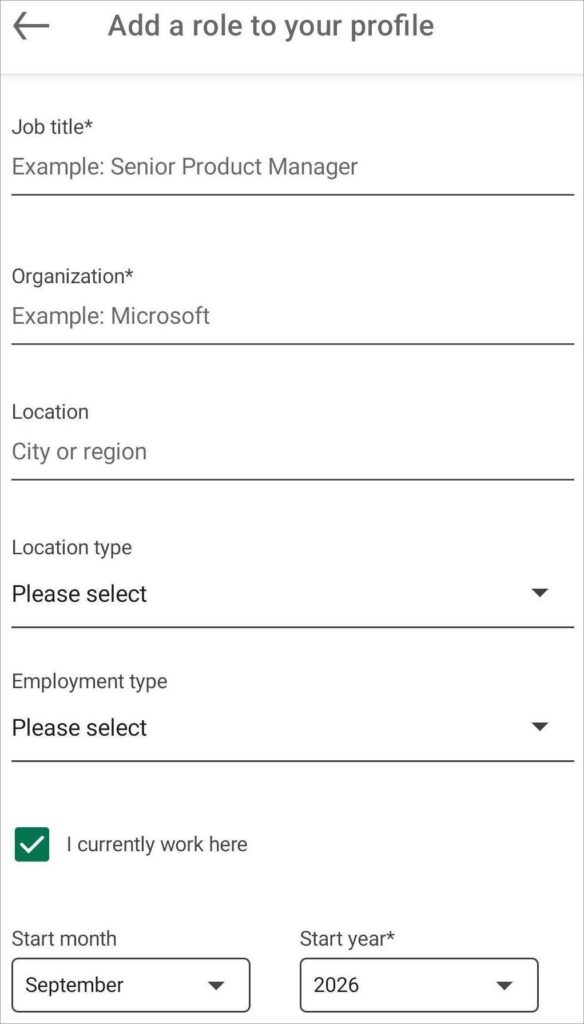 LinkedIn mobile Add role to profile