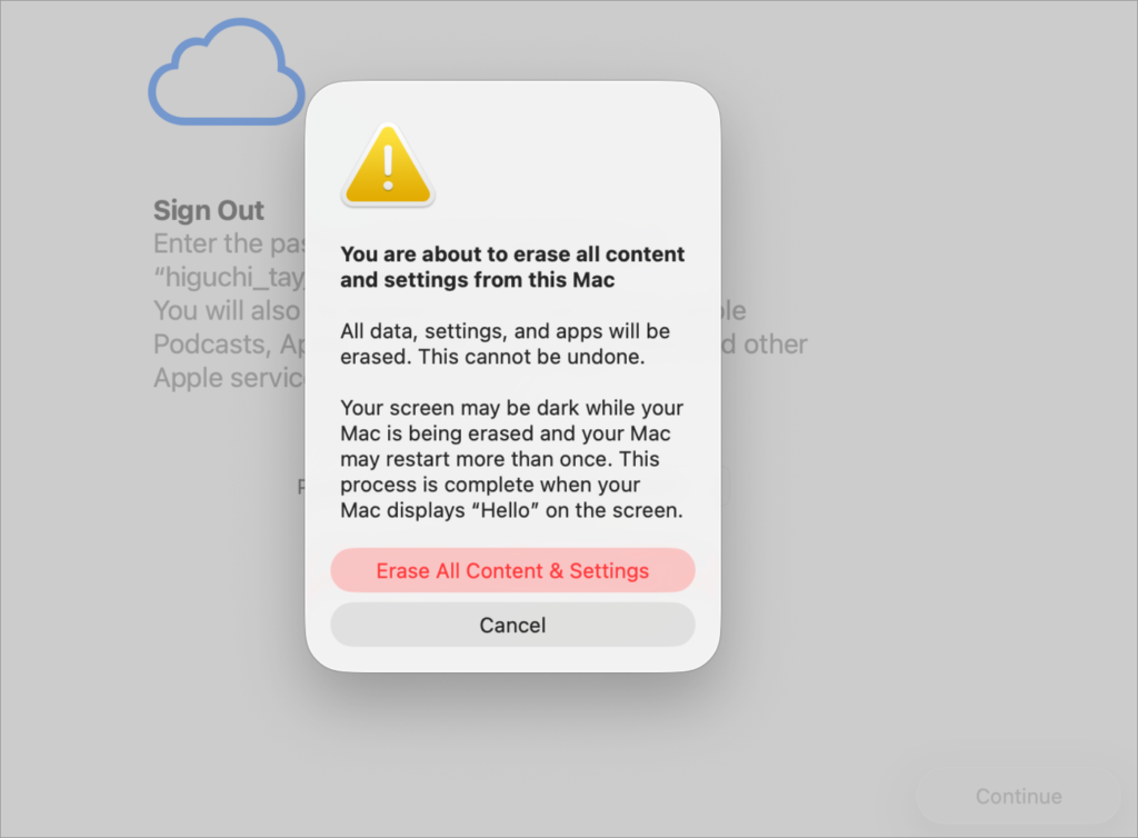 Mac Select Erase All Content and Settings.