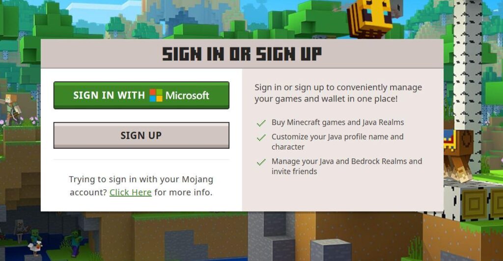 Minecraft sign in