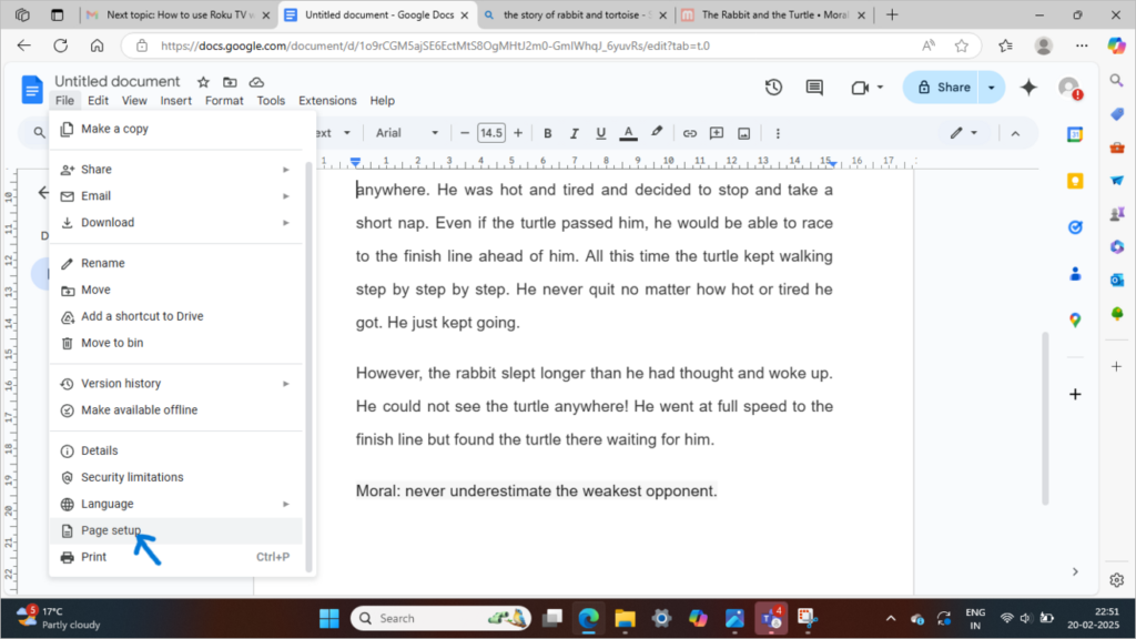 Page Setup Change Margins in Google Docs
