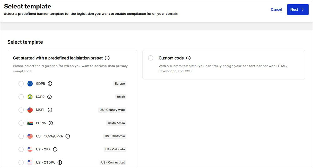 Predefined Cookiebot template