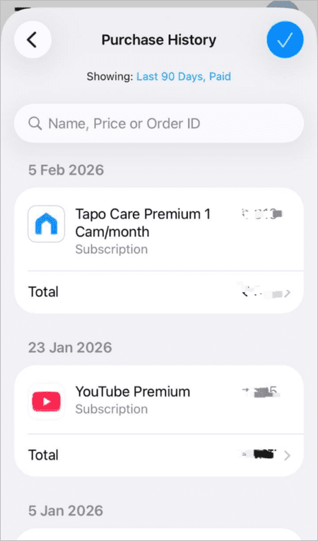 Purchased apps list