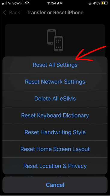 Reset All Settings option