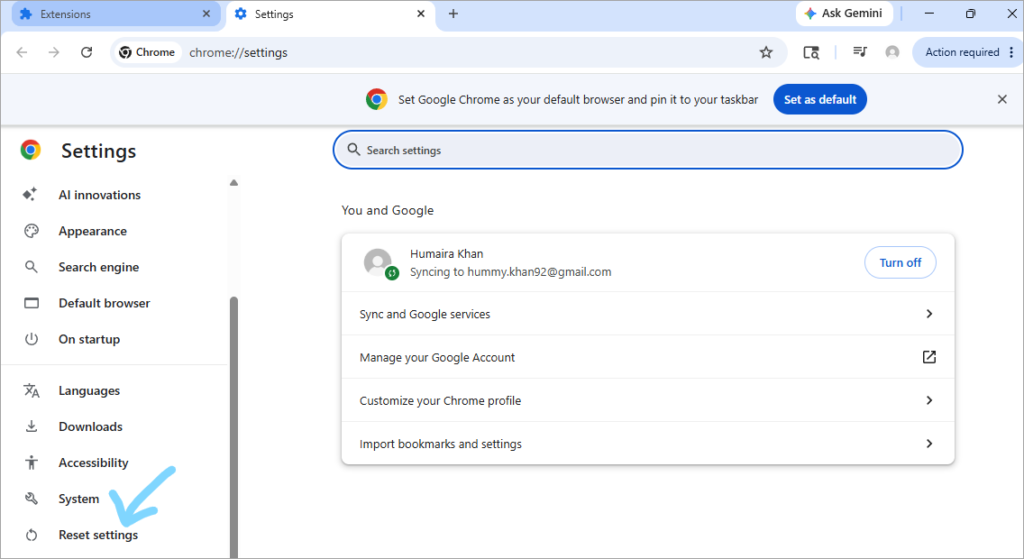 Reset settings in chrome