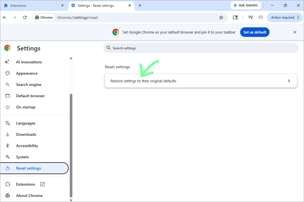 Restore settings to original defaults