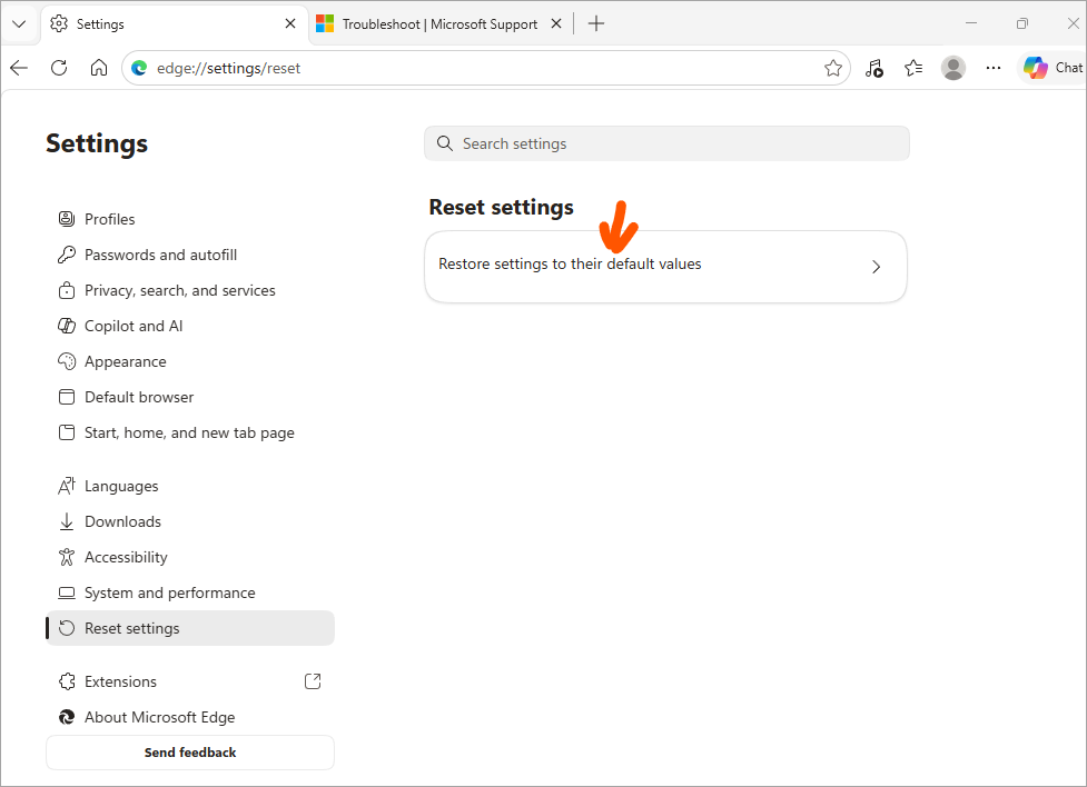 Restore settings to default values