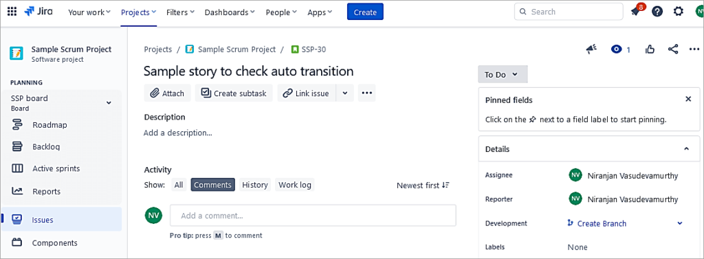 Sample issue in To Do status