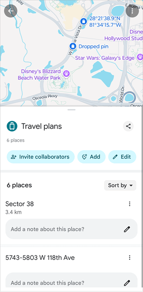 Saved locations in a list