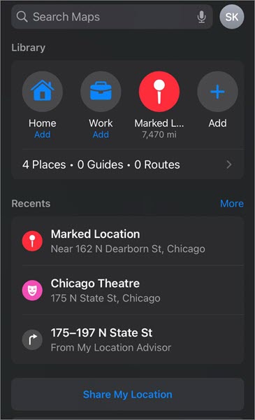 Saved locations in library
