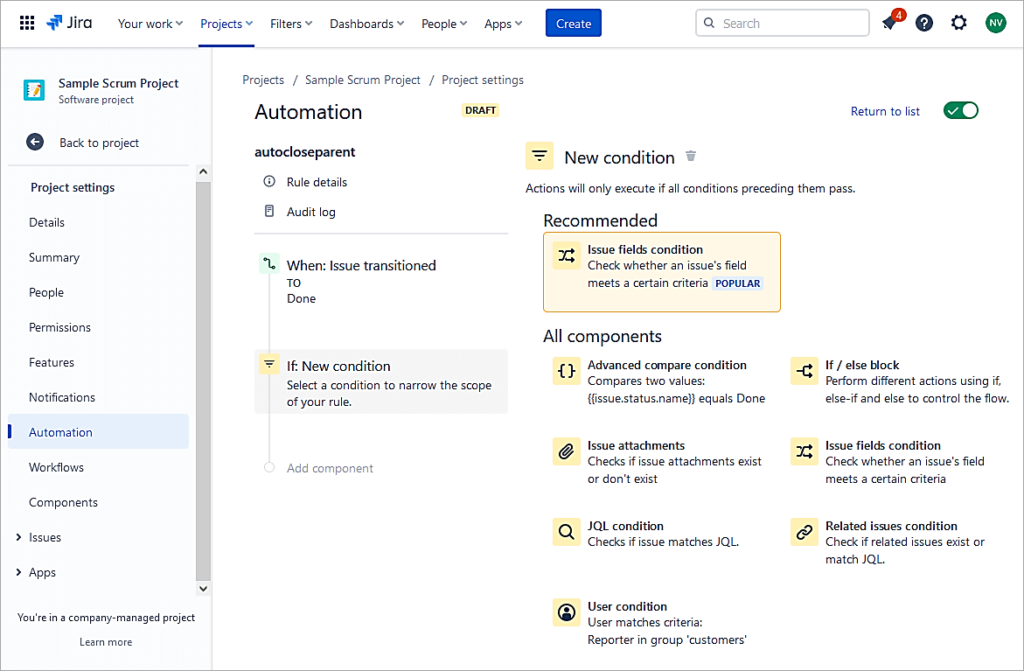 Select Issue fields condition