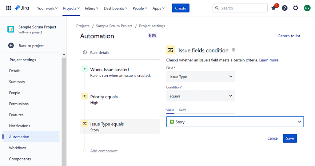 Select Issue type equals Story