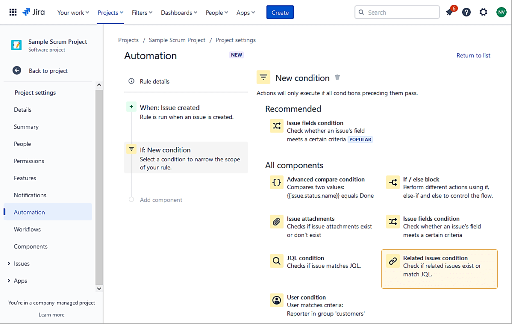 Select New condition Related issues condition