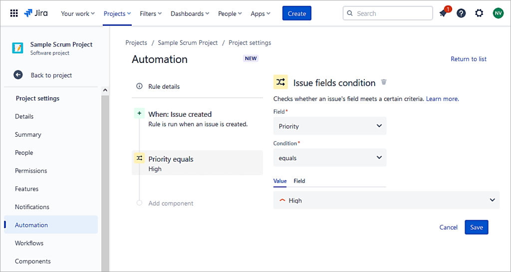Select field Priority equals High
